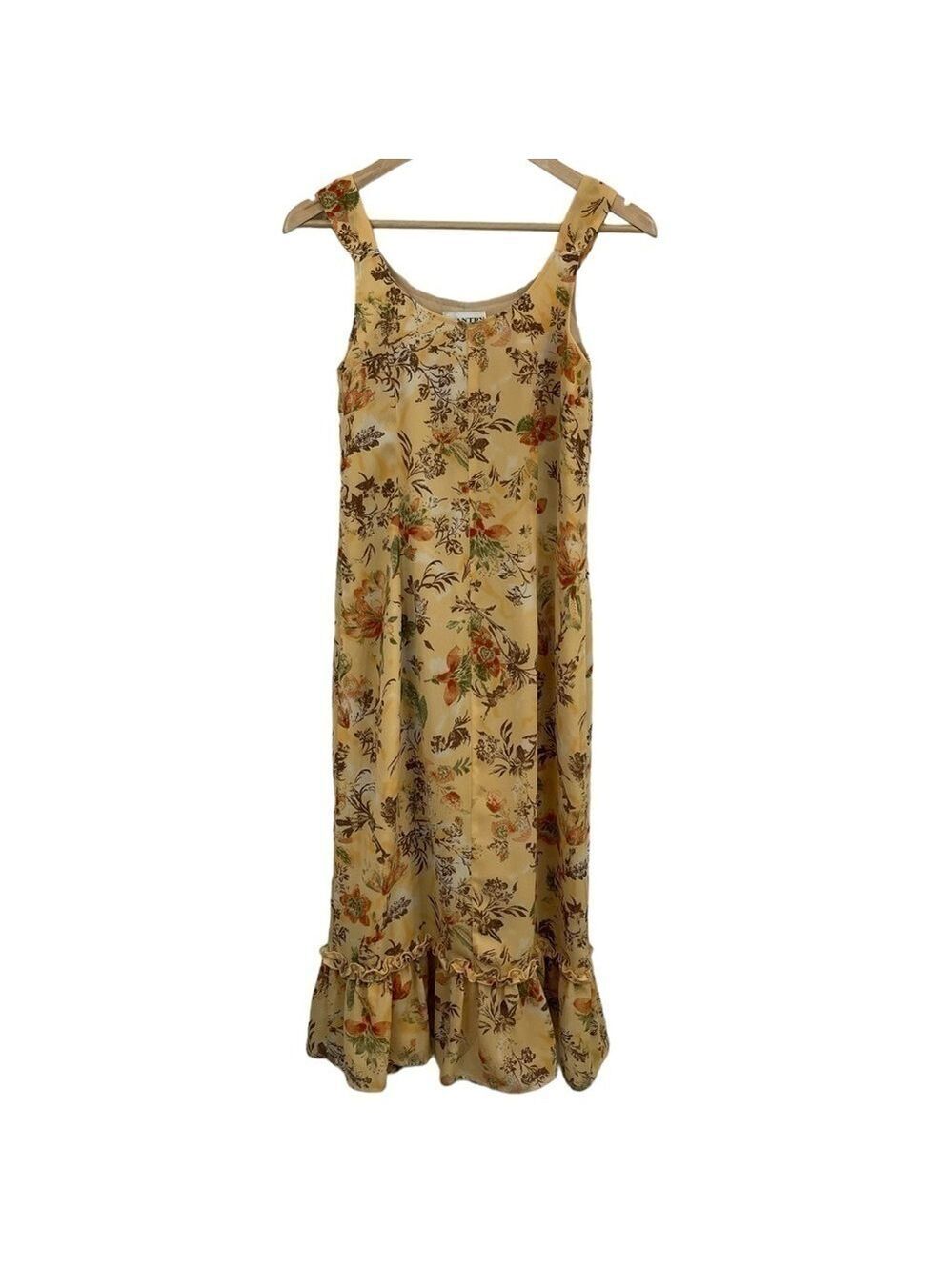 Vintage Bantry Bay Floral Dress Sz S Yellow Brown Sleeveless Spring Ruffle EUC